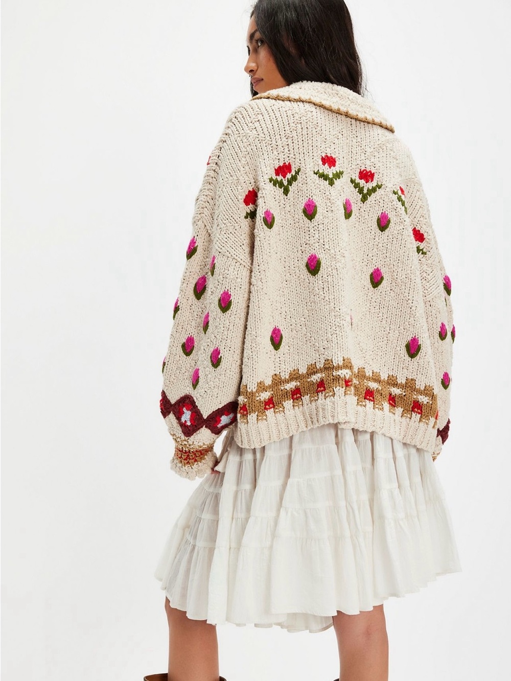 Hand-Knit Floral Cream Cardigan Sweater - Picture 3 of 9